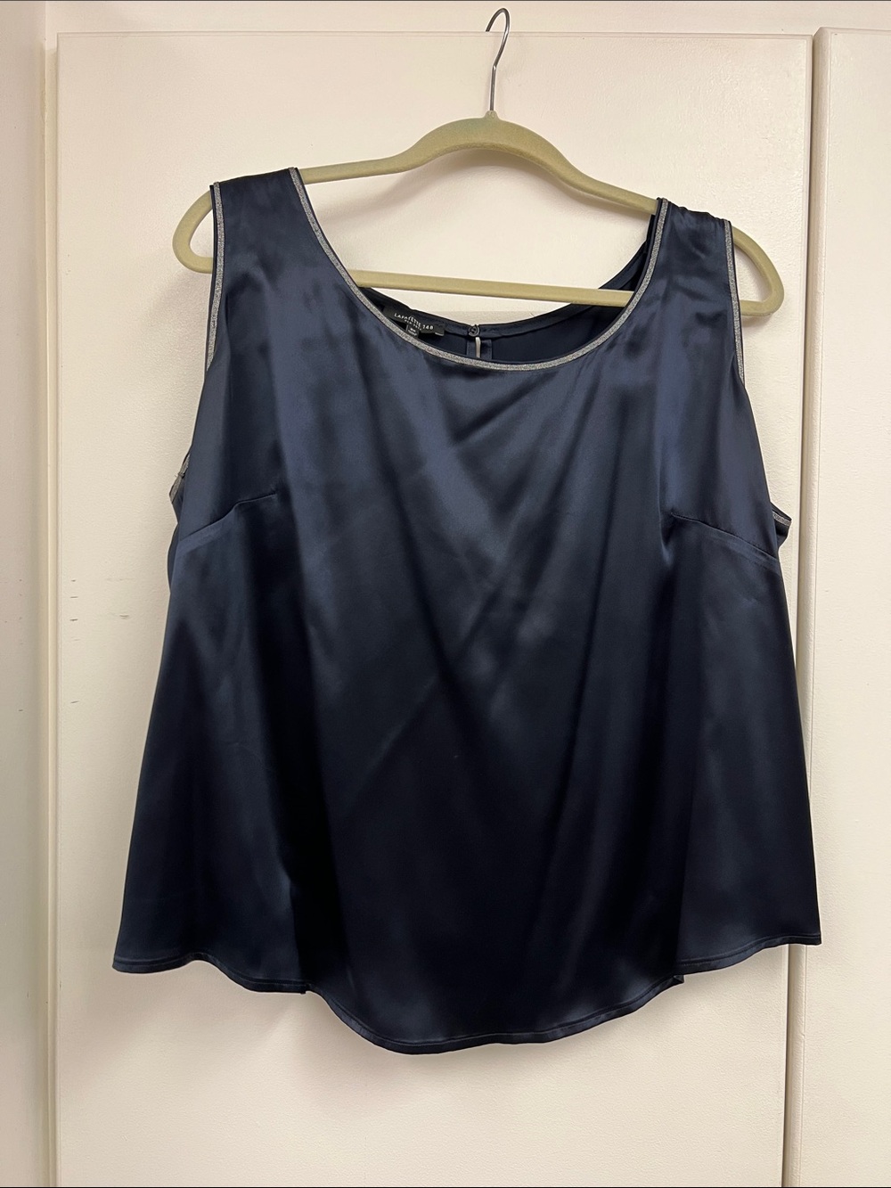 Lafayette 148 Navy Blue Satin Tank Top with Subtle Sheen and Metallic Outlines